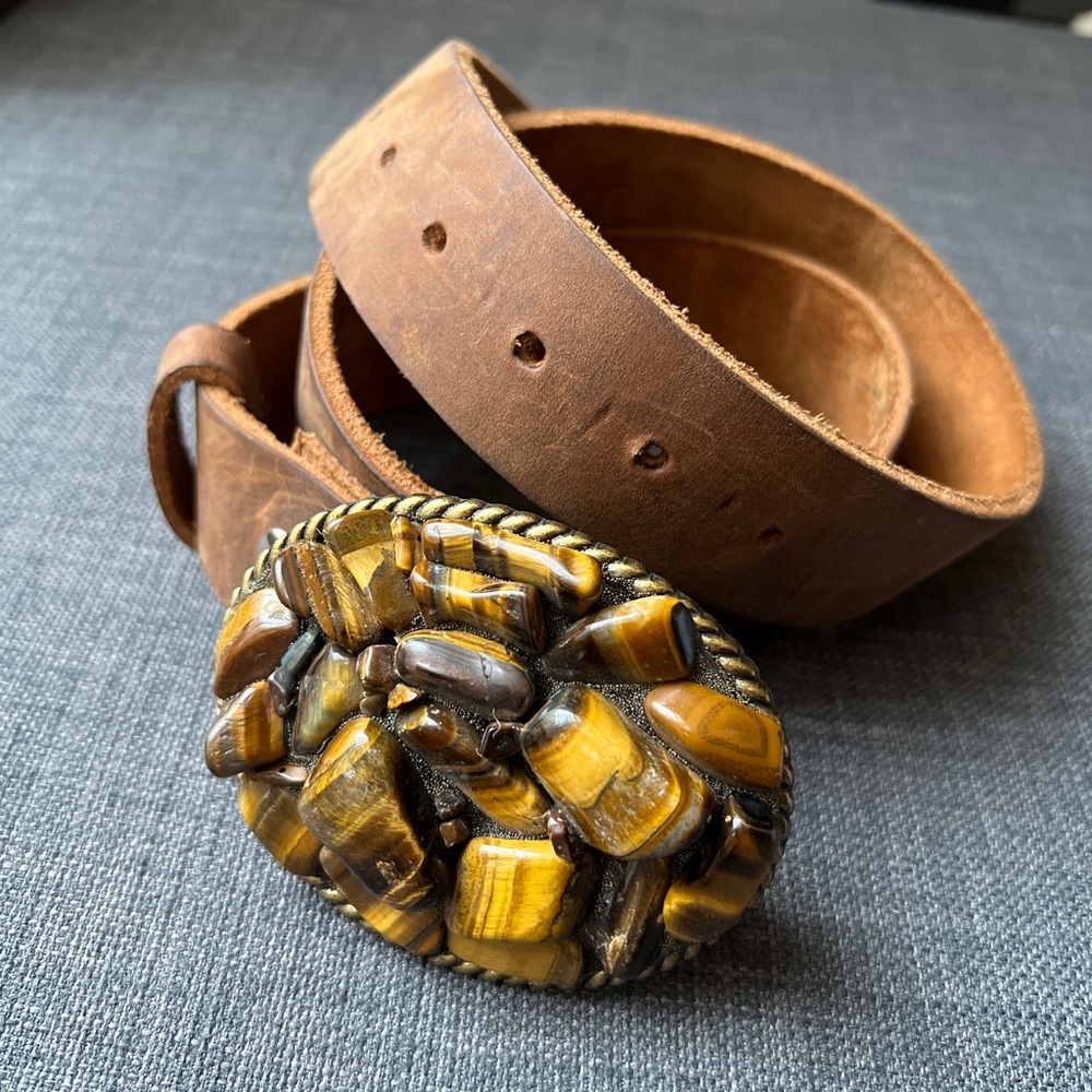 Vintage Wear Leather Belt with Tigereye Buckle